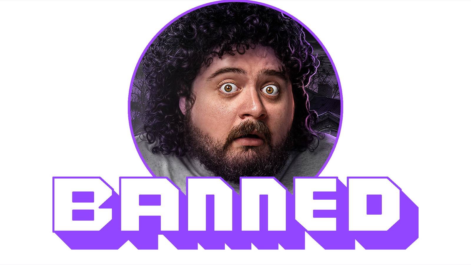 MeatCanyon surprised portrait behind Twitch banned tagline on white background 2x1 composite