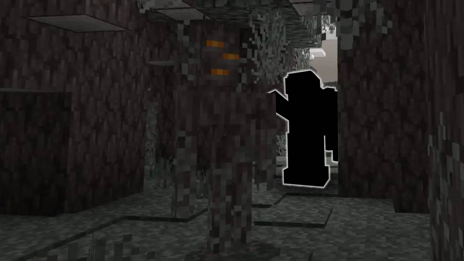 Minecraft's Creaking mob with the silhouette of a Weeping Angel behind it.