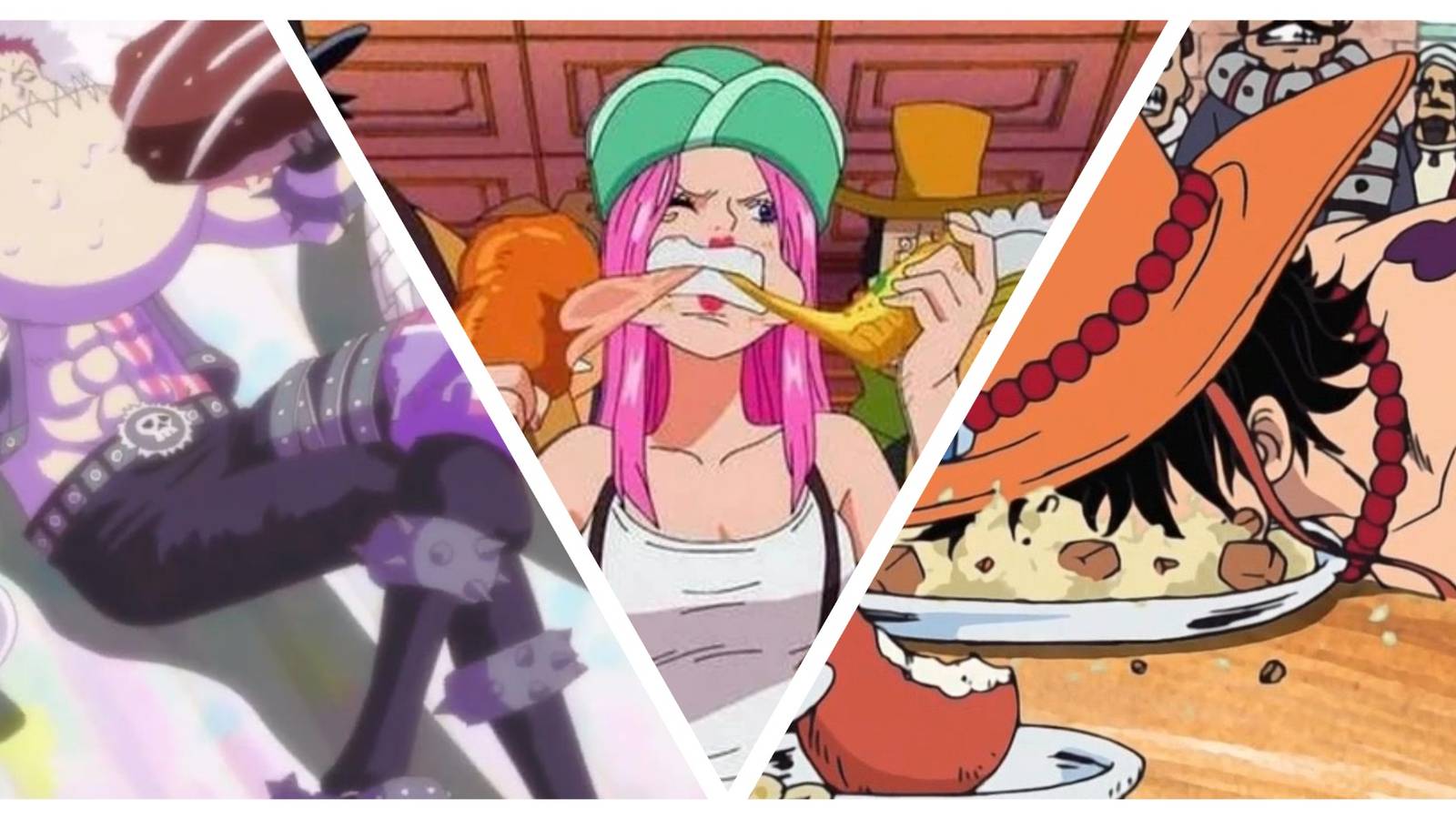 Katakuri eating donuts, Bonney eating meat and pizza, and Ace sleeping in a finished dish