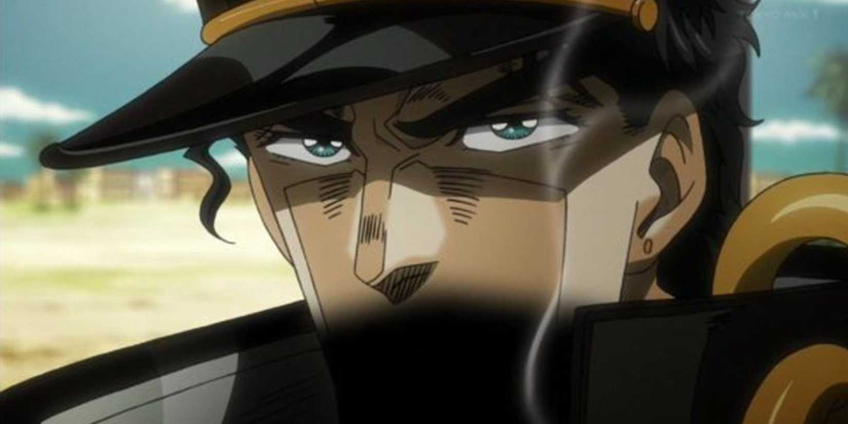 Jotaro is smoking a cigarette in JoJo's Bizarre Adventure.