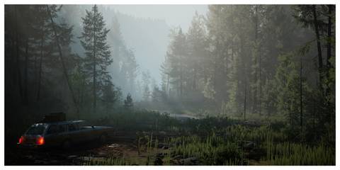 Pacific Drive - Steam Screenshot (Driving Through The Woods)