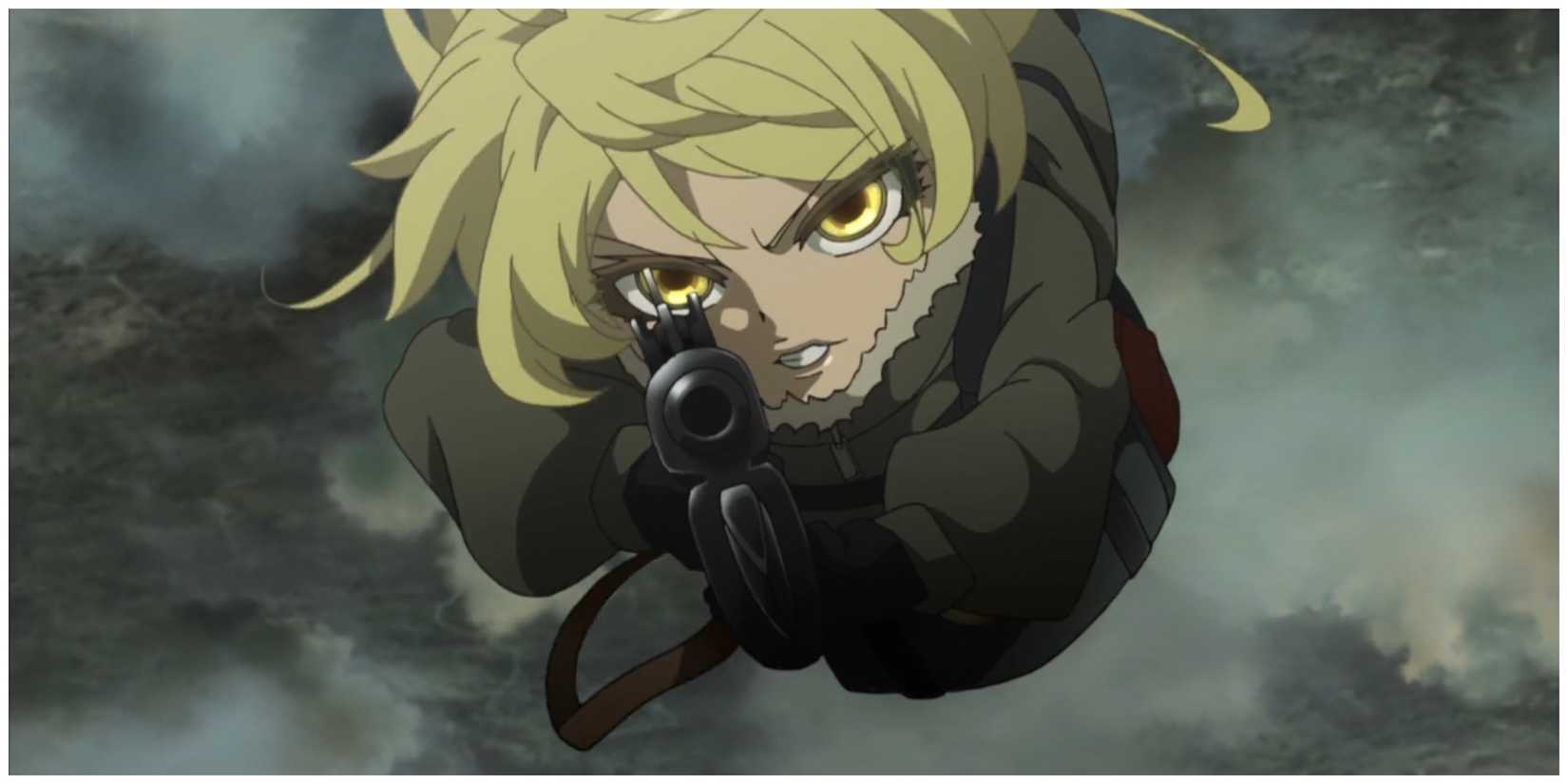 The saga of tanya the evil anime cover protagonist tanya aiming in the air