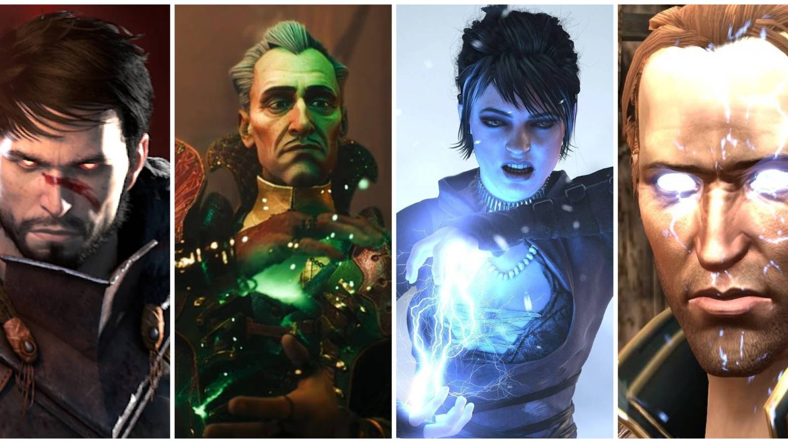 An image of the mages Emmrich, Morrigan and Anders from the Dragon Age series as well as a mage version of Hawke from Dragon Age 2