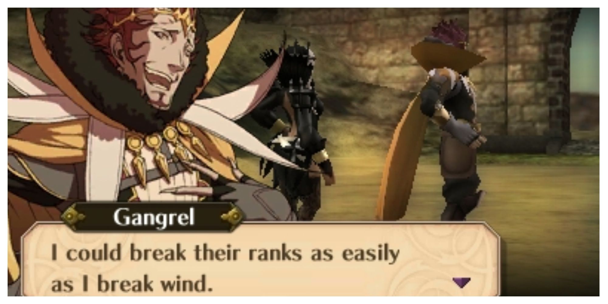 Gangrel telling Aversa he could break the ranks of the Shepherds as easily as he breaks wind.