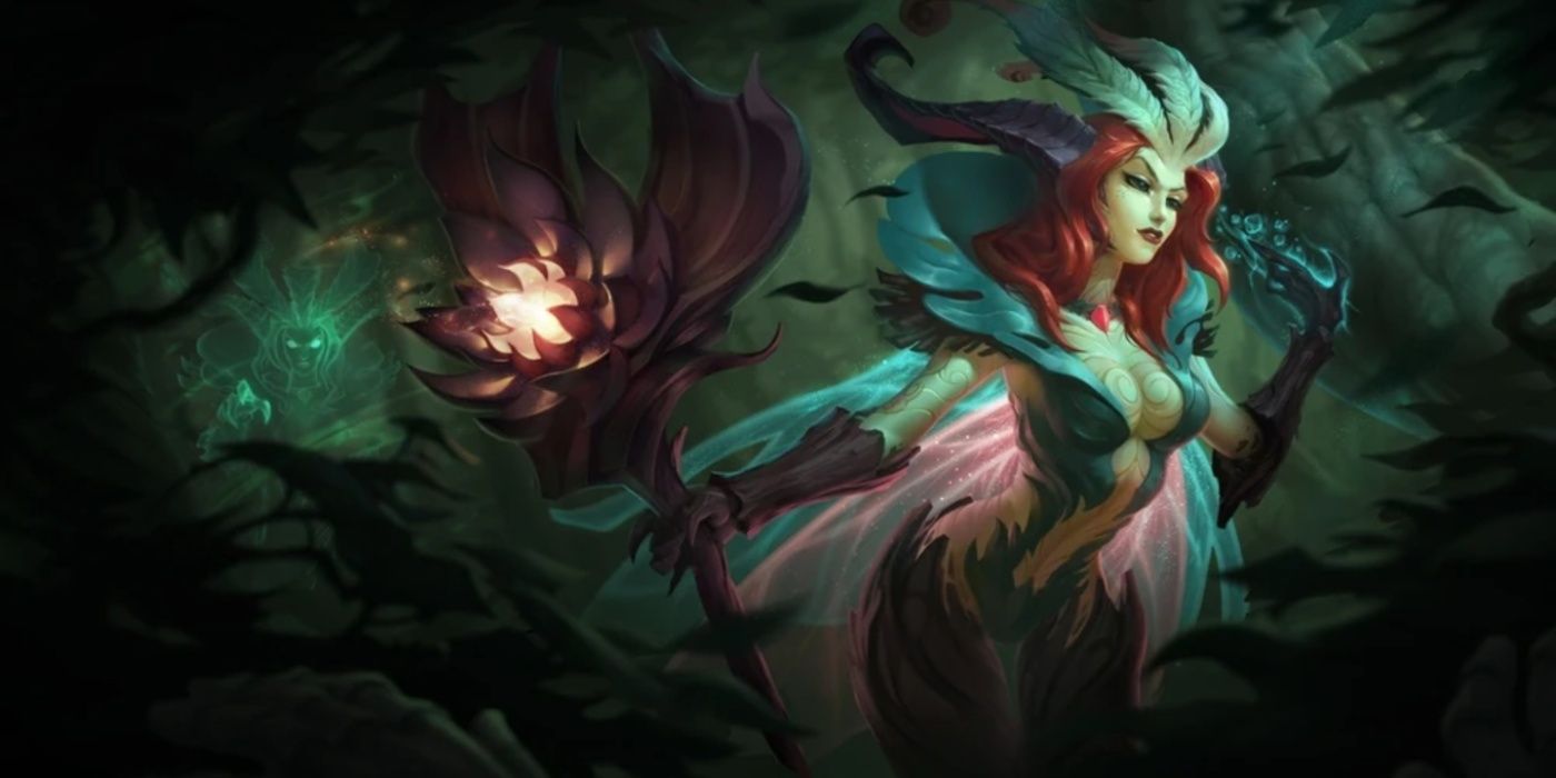 Elderwood LeBlanc walks through the forest in her League of Legends splash art.  