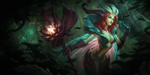 Elderwood LeBlanc walks through the forest in her League of Legends splash art.  