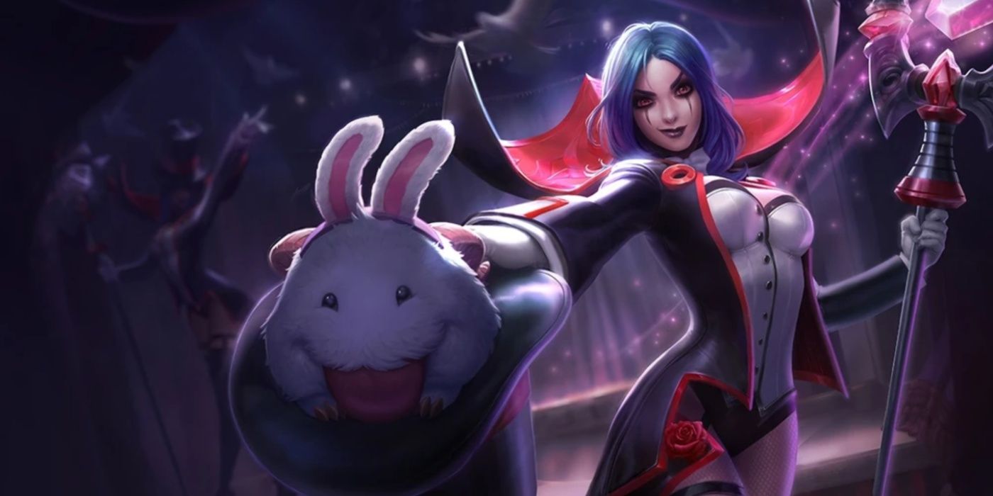 Prestigious LeBlanc performs a magic trick in her League of Legends splash art.  