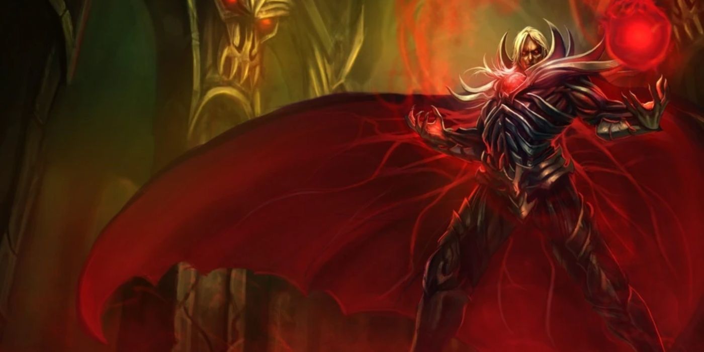 Blood Lord Vladimir performs blood magic in his League of legends splash art.