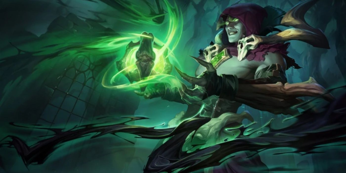 Soulstealer Vladimir captures a soul in his League of legends splash art.