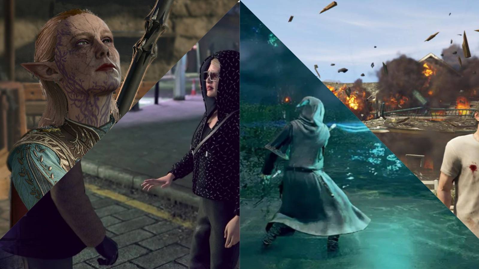 Baldur's Gate 3, Watch Dogs Legion, Grand Theft Auto 5, Elden Ring mixed gameplay collage