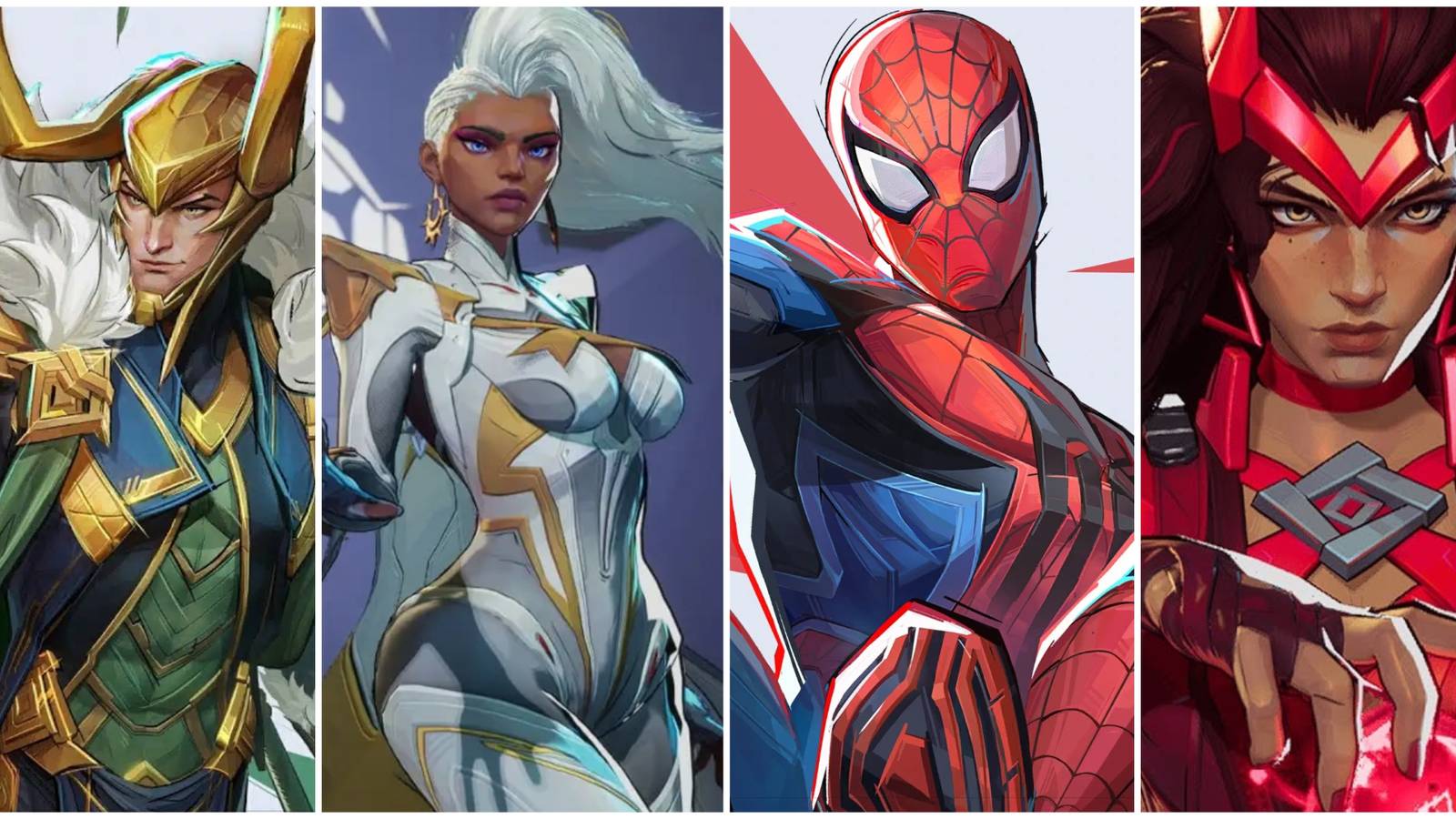 A collage of images of the heroes Loki, Storm, Spider-Man and Scarlet Witch from Marvel Rivals