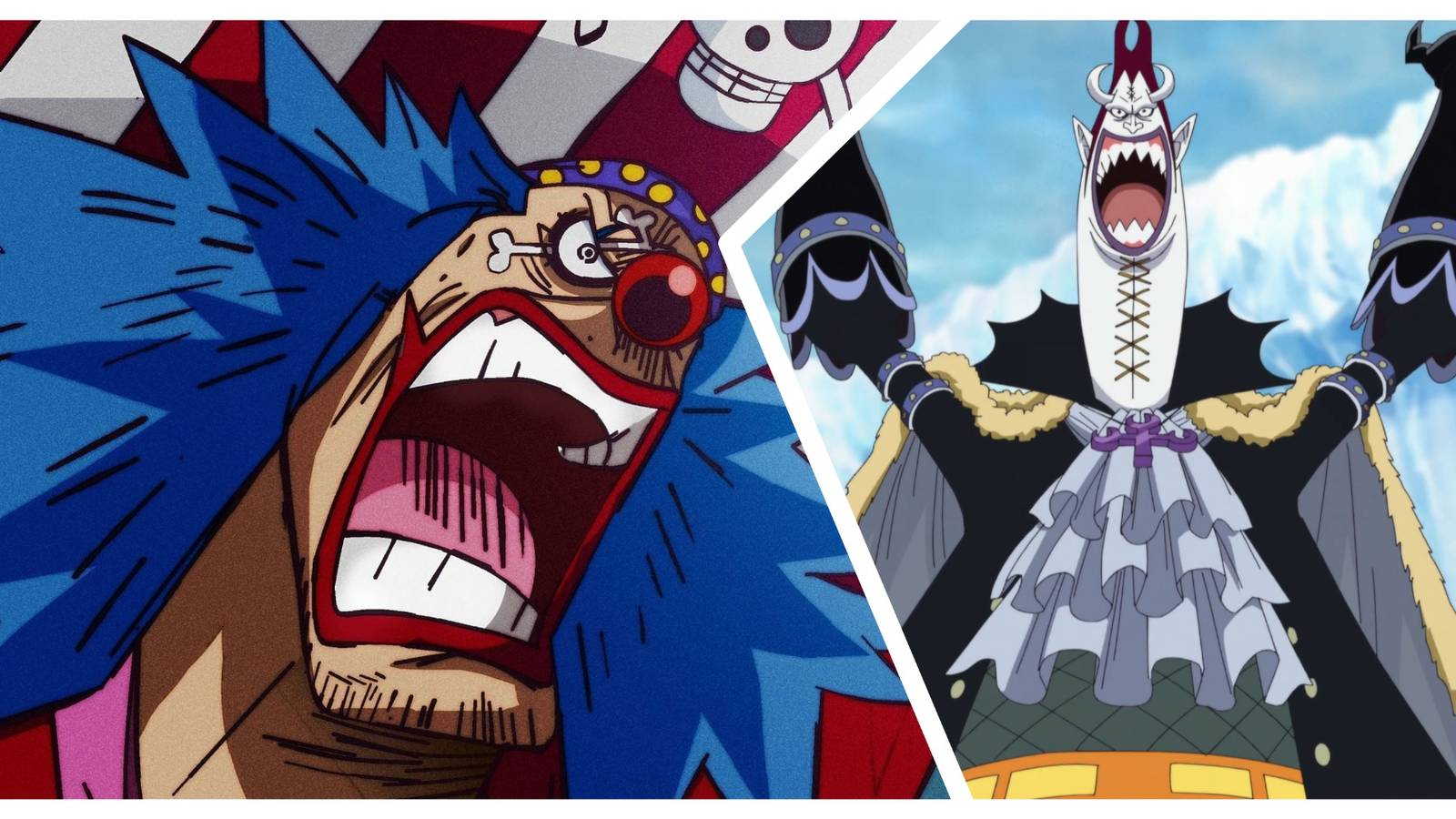 Buggy shouting angrily and Gecko Moria raising his arms up in excitement