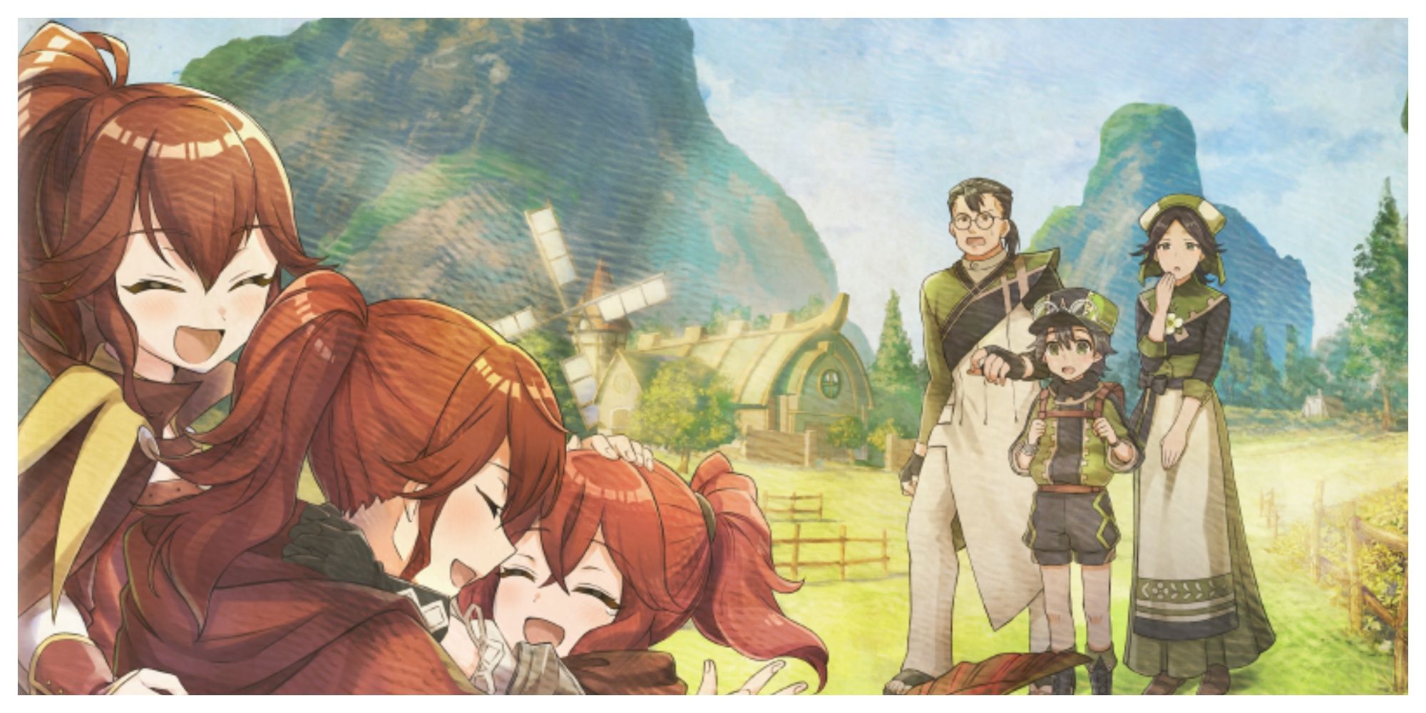 Anna from Engage being hugged by two of her elder sisters, possibly those from previous games, while Jean and family look on