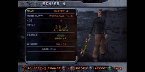 Tony Hawk's Pro Skater 2 PS1 - create skater personal details selection