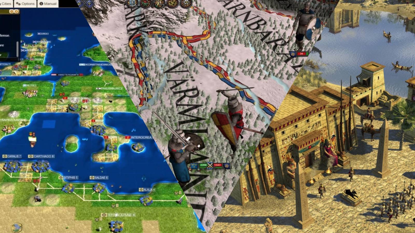 Freeciv, Crusader Kings 2, 0 A.D. mixed gameplay collage
