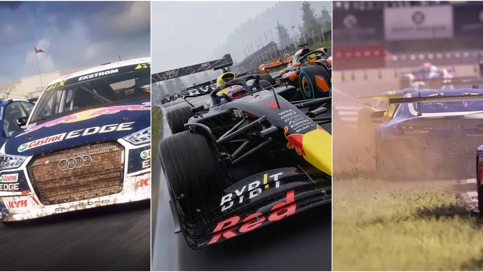 Collage of Cars from DiRT Rally, F1 24 and Forza Motorsport