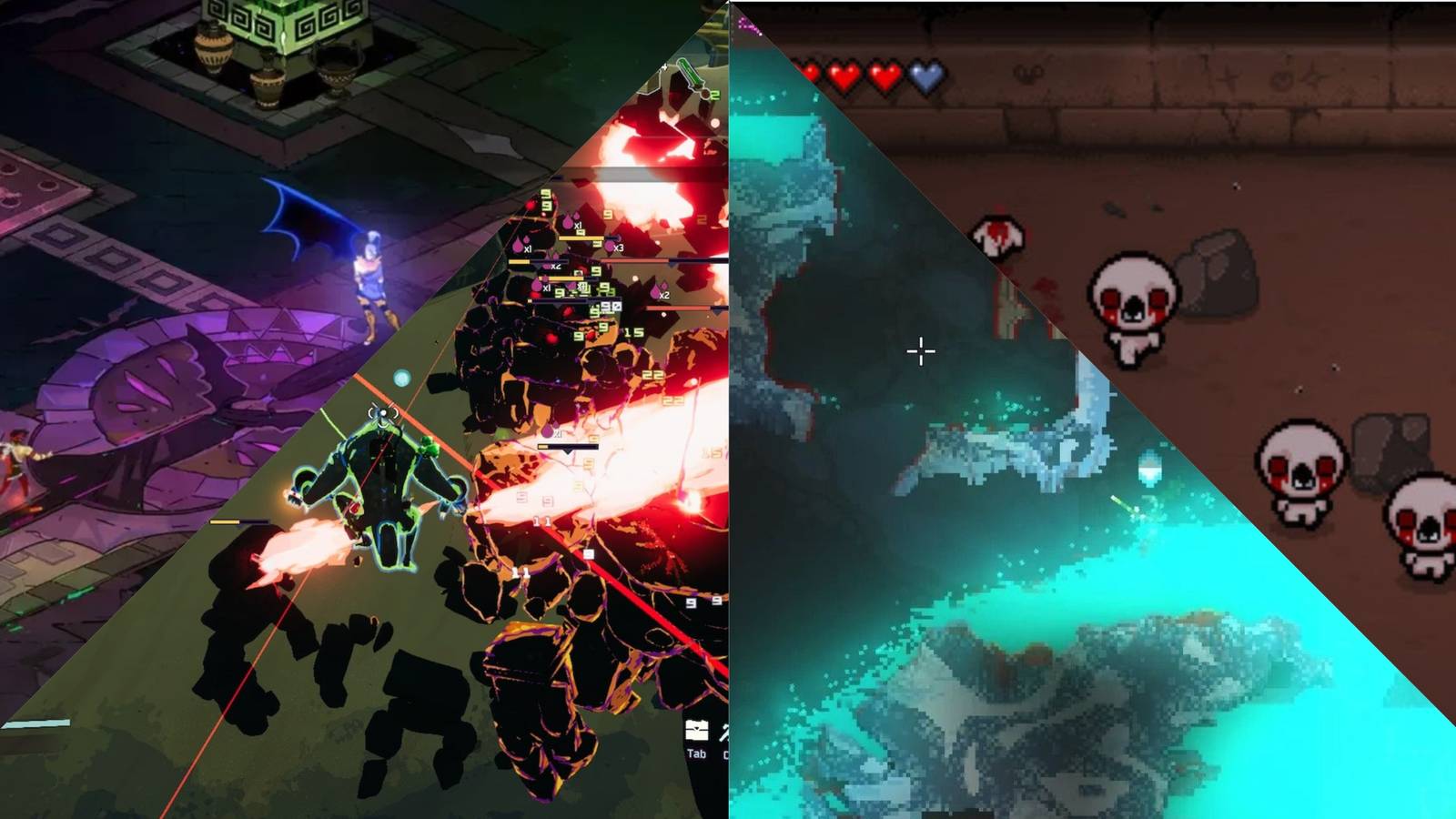 Hades, Noita, Risk of Rain 2, The Binding of Isaac Rebirth mixed gameplay collage