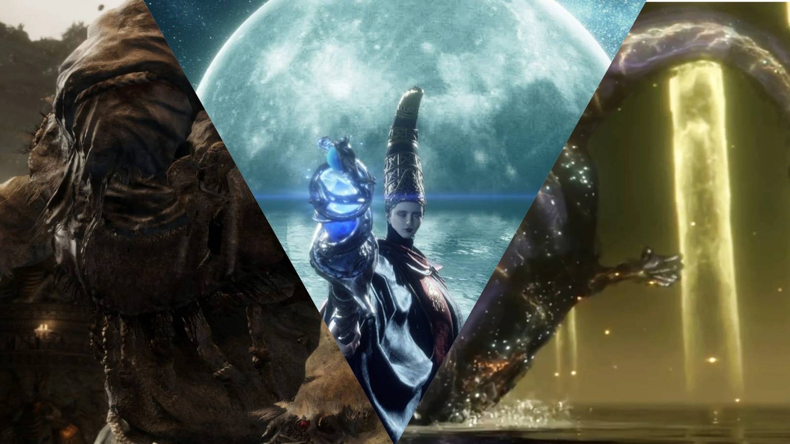 Elden Ring Rennala, Elden Beast, Maliketh mixed screenshot collage