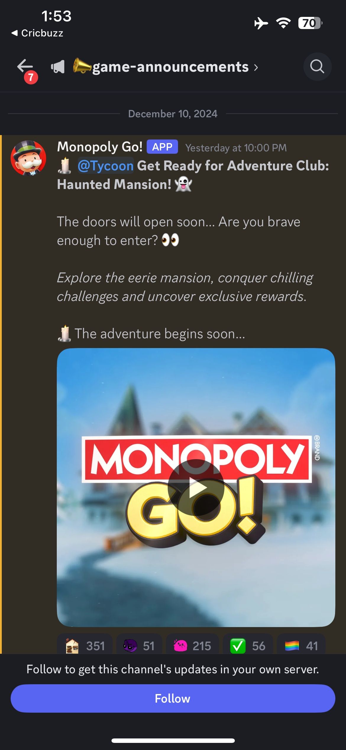 Monopoly GO Adventure Club Haunted Mansion Discord announcement