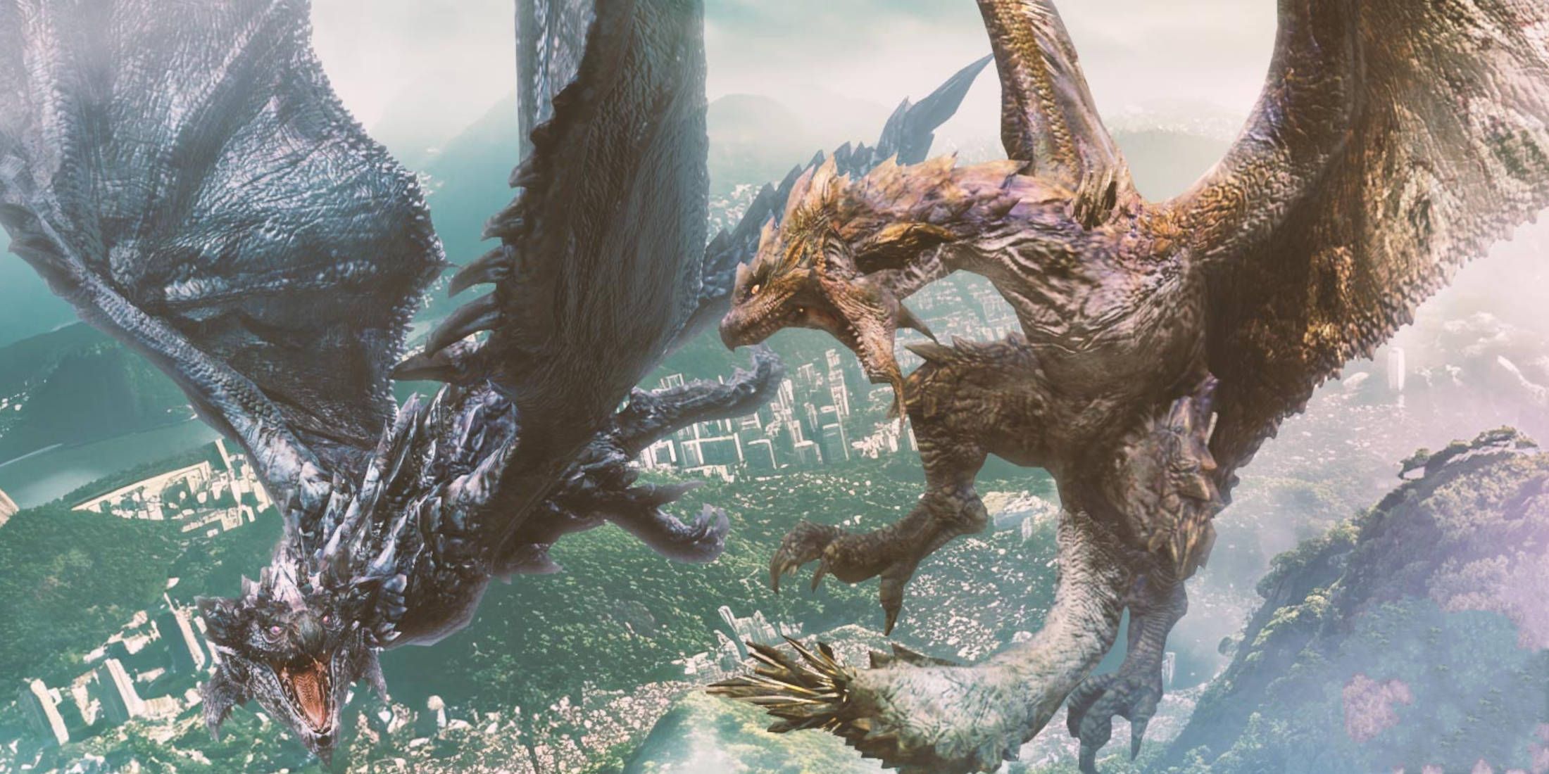 Monster Hunter Now Long Sword build: A Silver Rathalos and Gold Rathian fighting above city and forest.