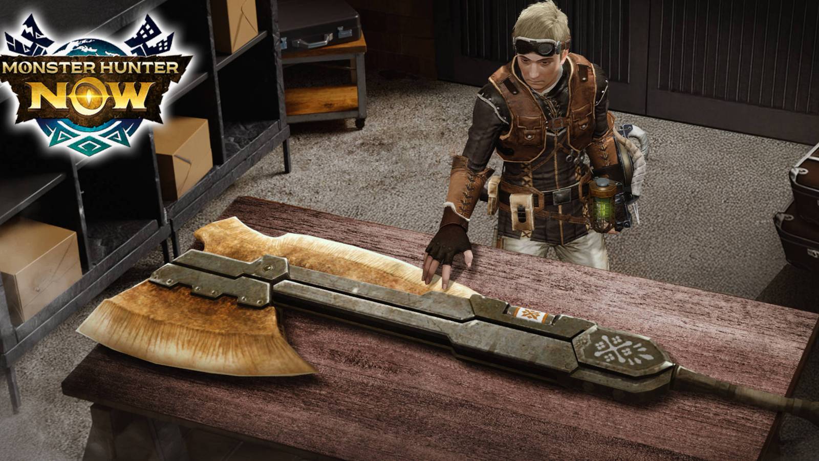 A hunter touching his brand new Monster Hunter Now Switch Axe.