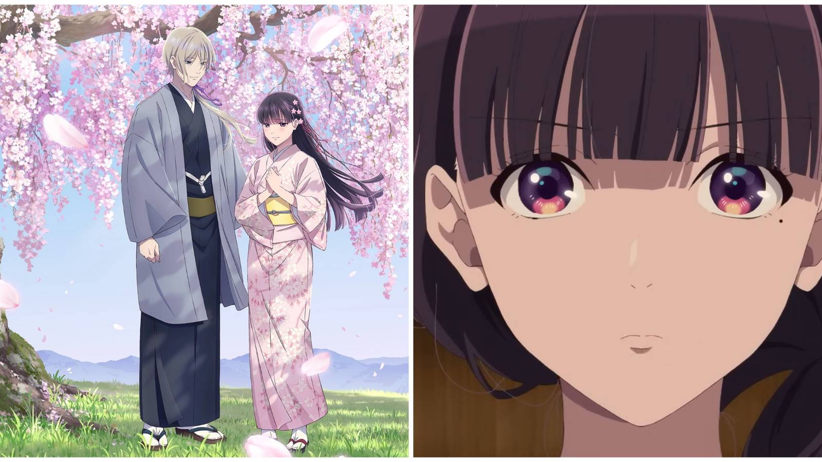 Split image of Kiyoka and Miyo in a visual and Miyo in the preview for season 2 of My Happy Marriage