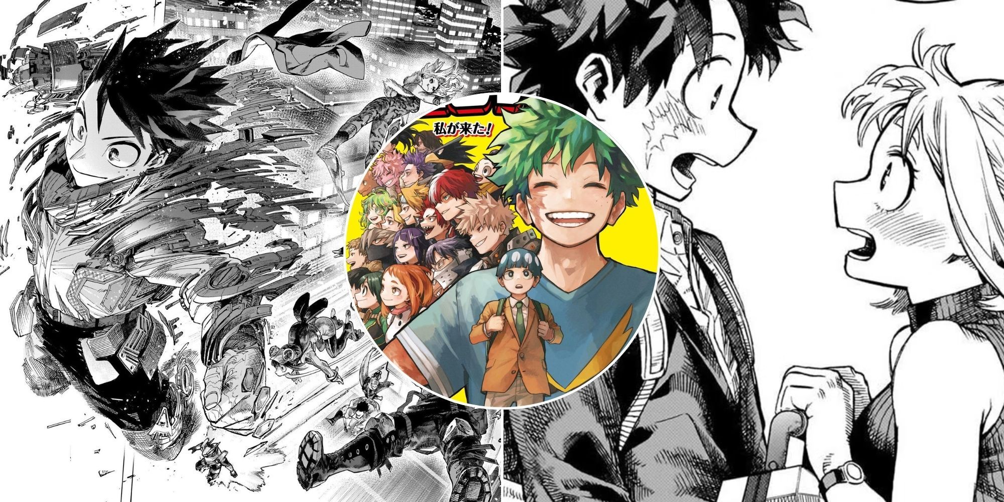 A collage of moments from My Hero Academia's Chapter 431: Deku fighting with his friends, Deku and Uraraka's reunion and the cover of Volume 42.