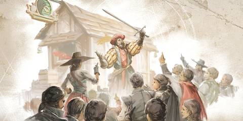 New World Aeternum Loading Screen Art Characters Gathered Around a Territory Settlement Trading Post