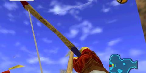 Ocarina of Time Link aiming a bow at the sky