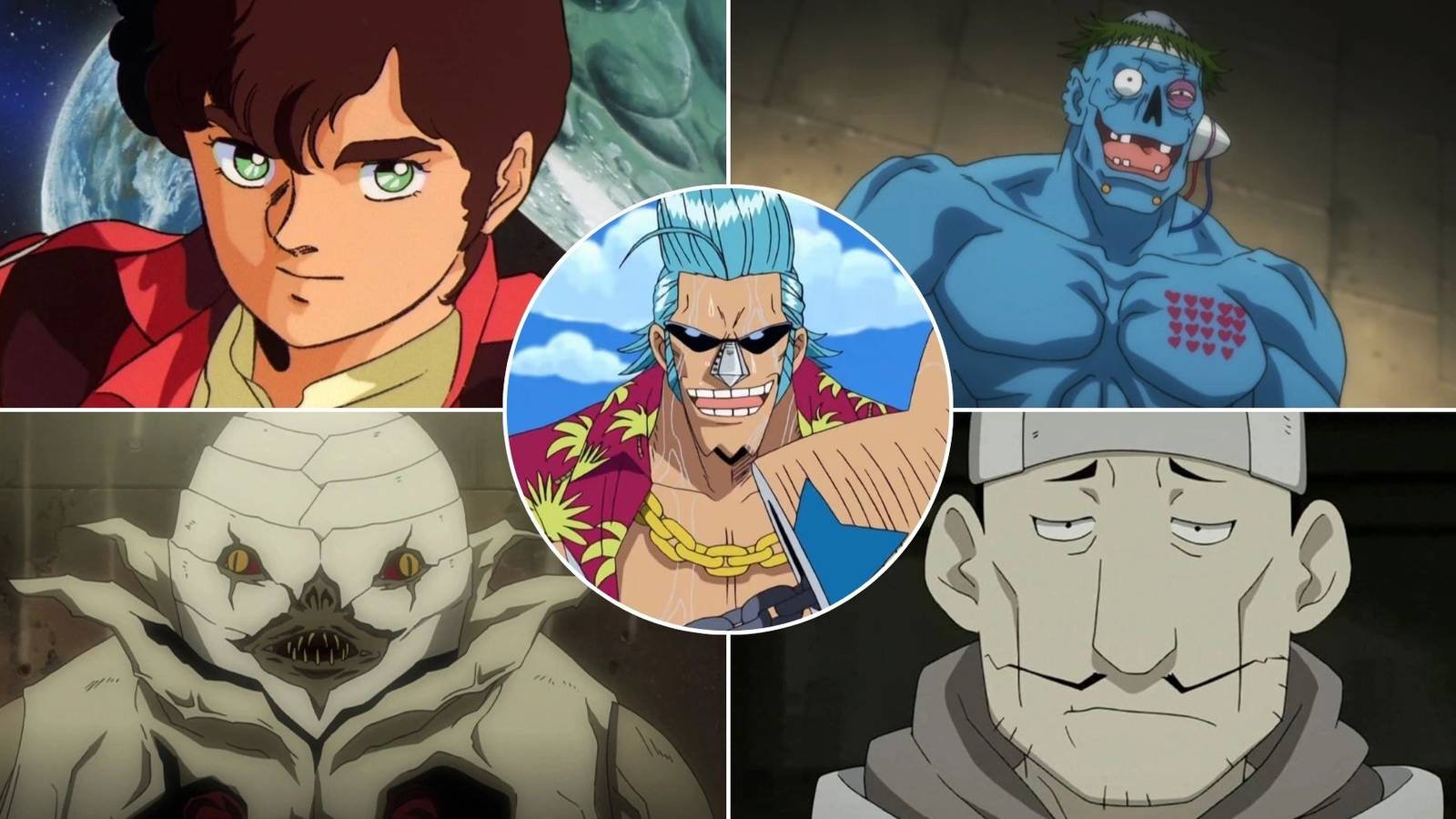 A collage of 5 characters who are voiced by Kazuki Yao: Franky from One Piece, Judau Ashta from Gundam, Majtani from Hunter x Hunter, Sidoh from Death Note and Yoki from FMA.