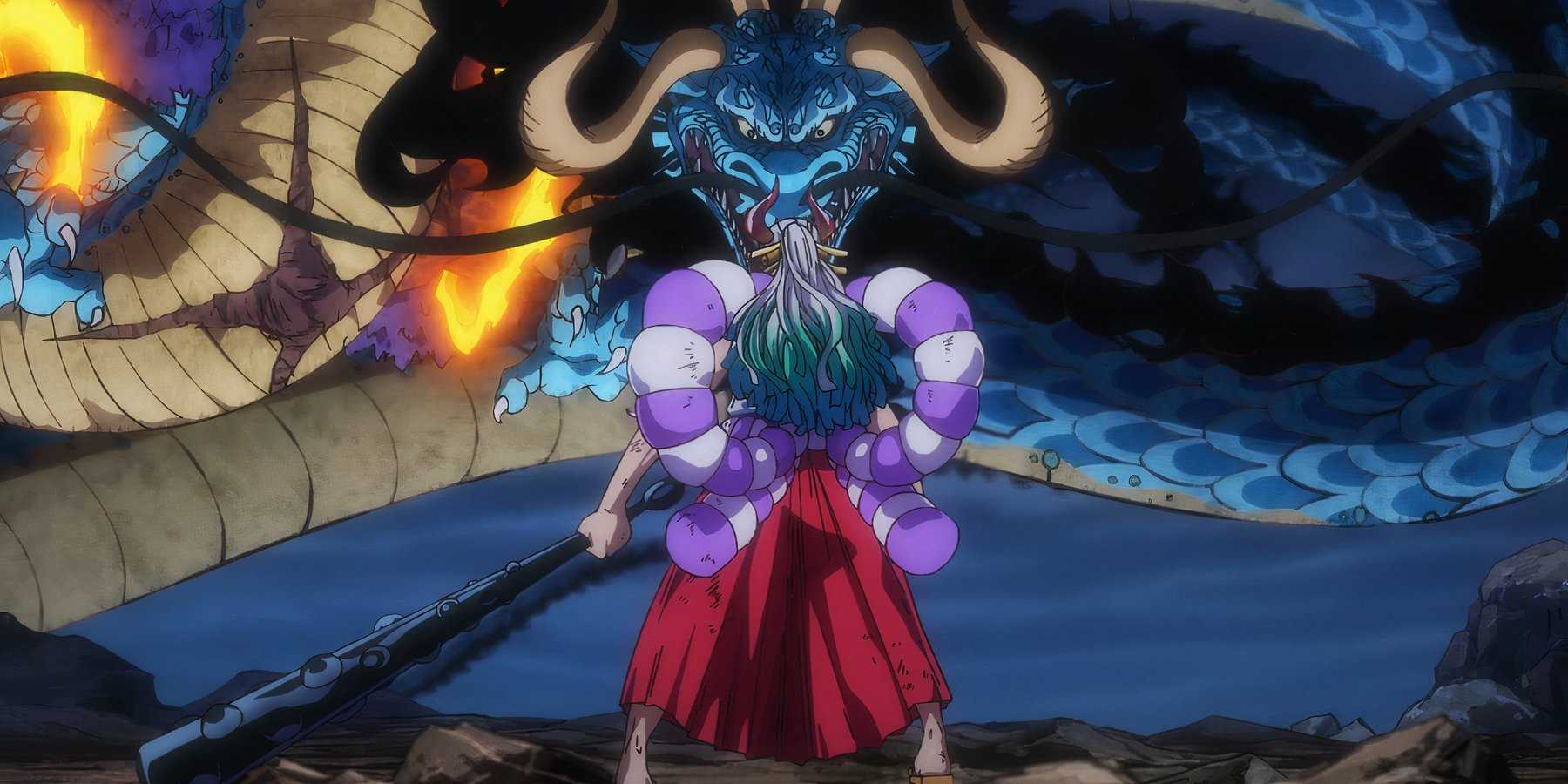Yamato faces Kaido's dragon form on top of Onigashima in One Piece.