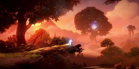 Ori  and The Will of the Wisps standing on overlooking a landscape with a big tree