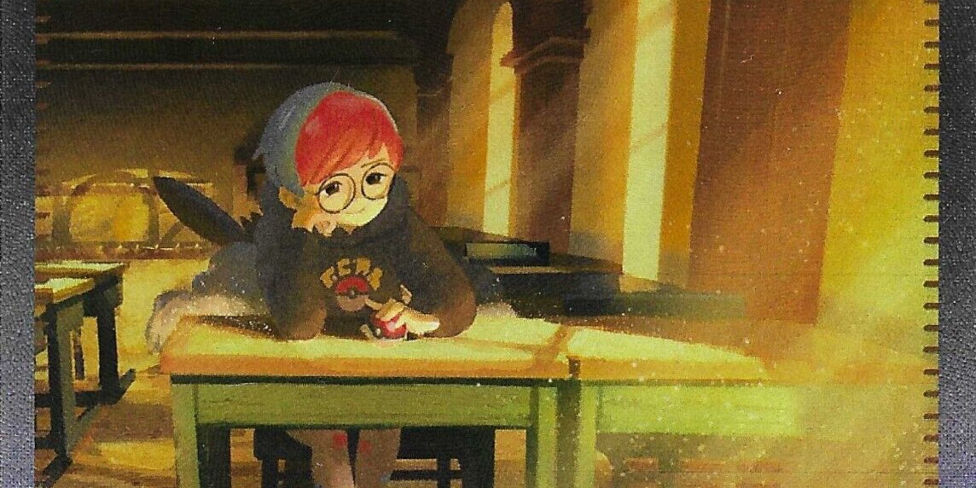 A full art of Penny alone at a desk on a Pokemon card