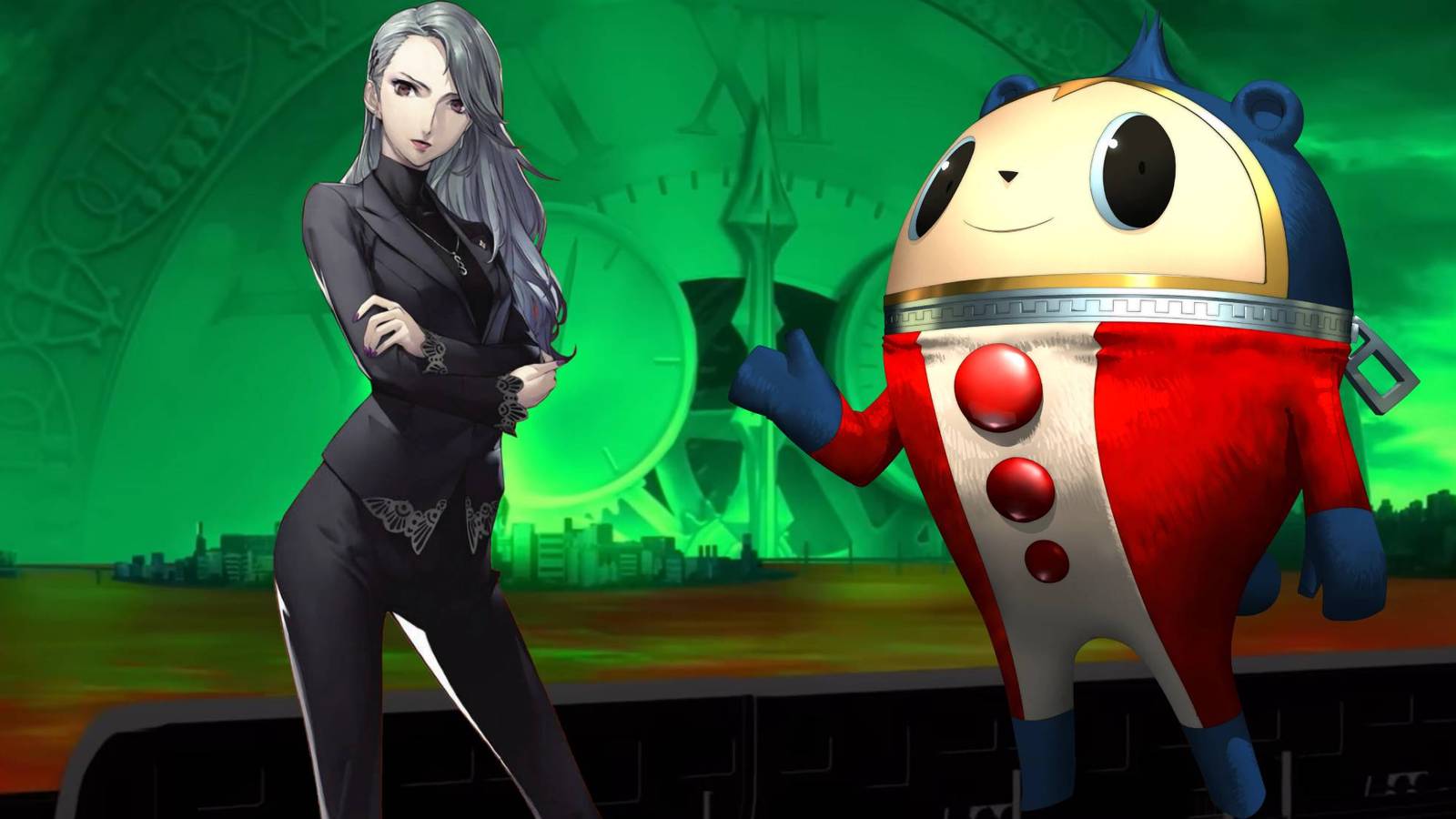 Tartarus' clock from Persona 3 Reload's intro with Sae Nijima from Persona 5 and Teddie from Persona 4