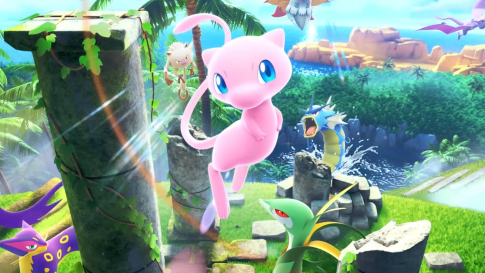 Pokemon TCG Pocket Mythical Island secret missions: Mew is floating near a tree, while a Gyarados splashes in the river behind it, a Liepard and Serperior are under the Mew, and an Aerodactyl and Volcarona fly in the sky.