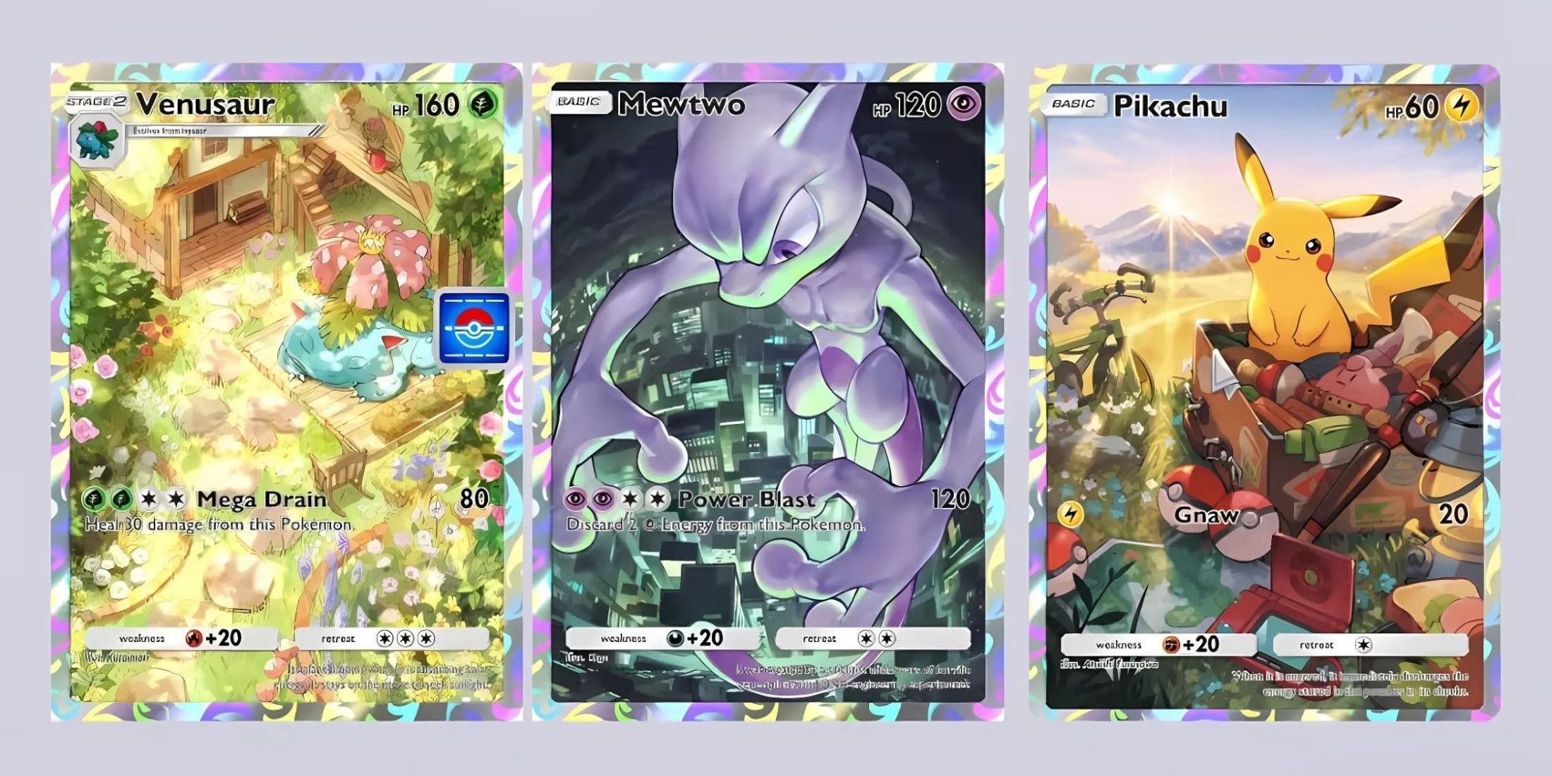 Promotional Mewtwo, Venusaur, and Pikachu cards from Pokemon TCG Pocket.