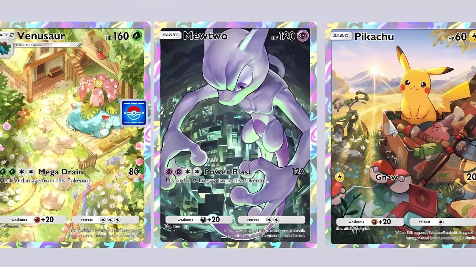 Promotional Mewtwo, Venusaur, and Pikachu cards from Pokemon TCG Pocket.