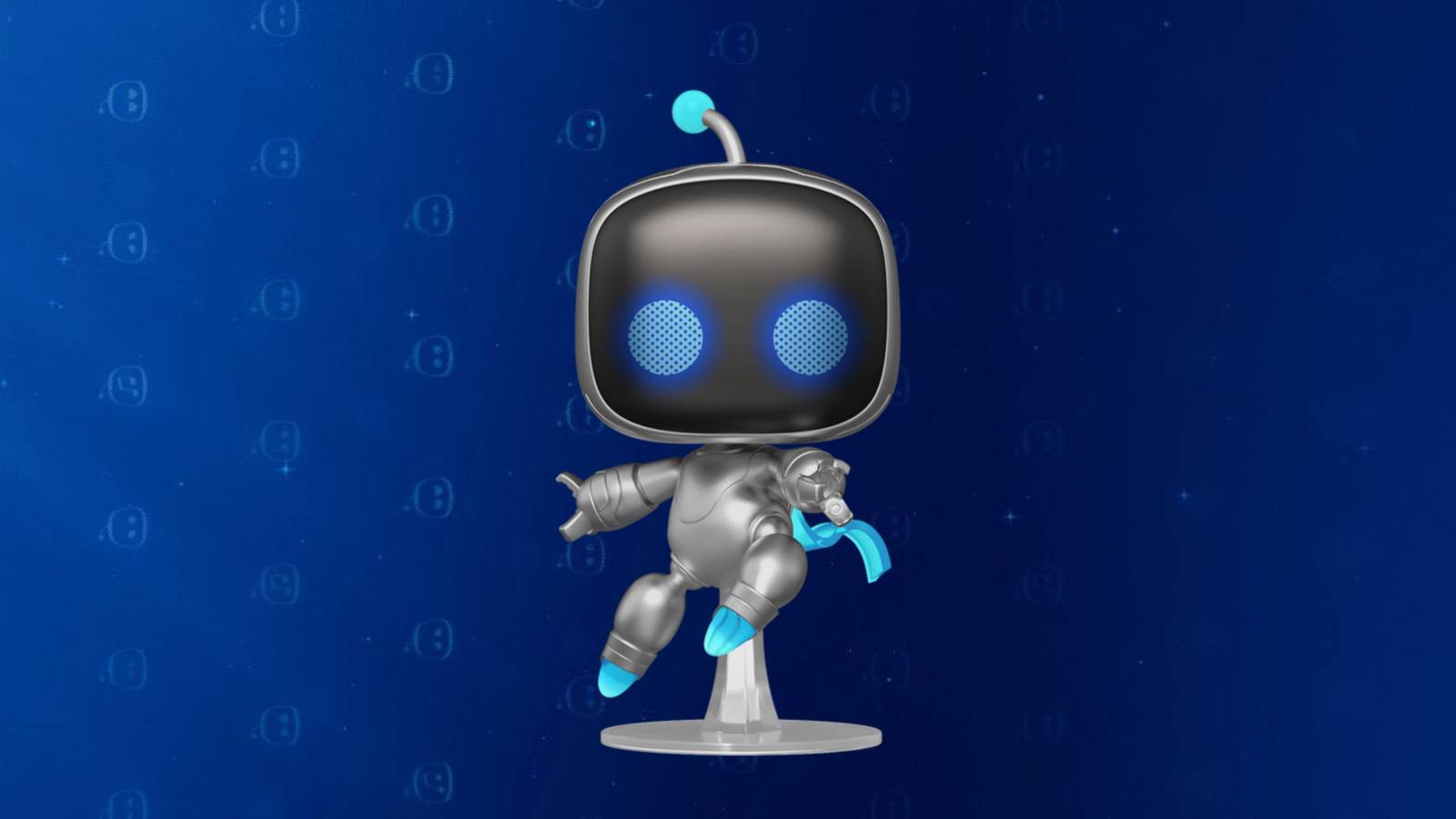 Image of the official Astro bot funko pop on the astro bot blue background.