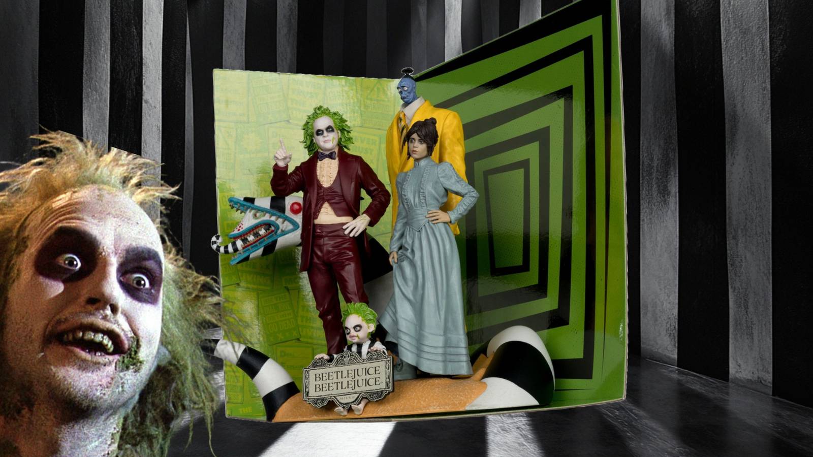 Image of the beetlejuice collector set, with beetlejuice, on a generic striped background that's black and white. 