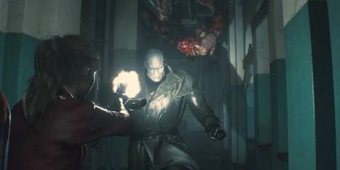 Claire Redfield shooting Mr. X in Resident Evil 2