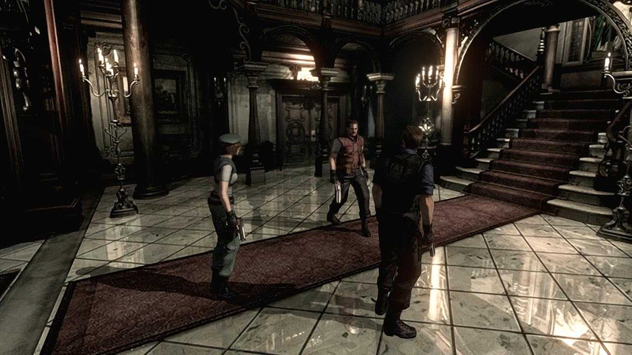Resident Evil 2002 - Personagem olhando para uma porta em um corredor sombrio.