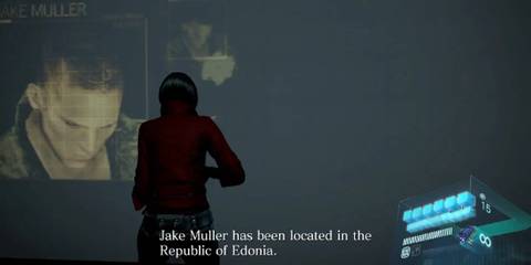 Resident Evil 6 Ada examining large screen, Jake Muller's face featured to the side 