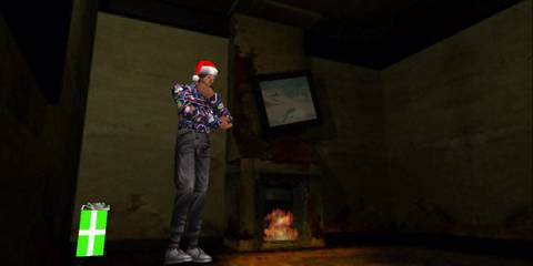 A character in a Christmas sweater looking puzzled in a room with a fire place