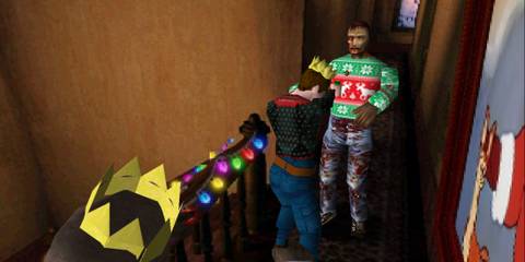 Chris shooting a zombie in a Christmas sweater