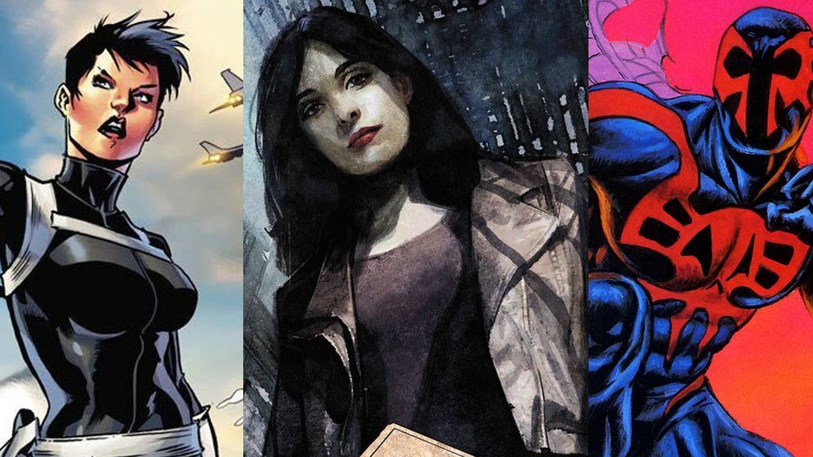 Maria Hill outside; Jessica Jones in an alley; Spider-Man 2099 on a rooftop
