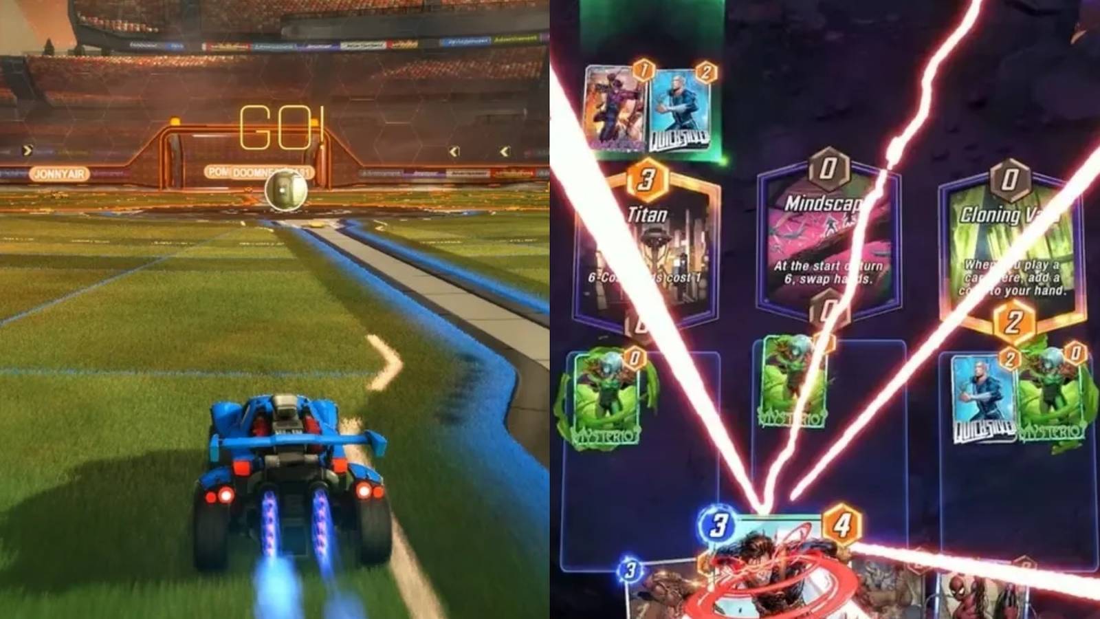 Rocket League on the left and Marvel Snap on the right.