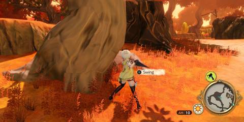 Ryza gathering materials in a vibrant autumn forest, a tranquil activity in the cozy JRPG Atelier Ryza