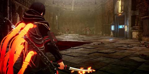Yuito wielding a fire sword in front of several enemies in a tomb-like structure
