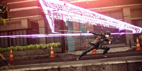 Yuito unleashing a powerful slash attack with a purple trail