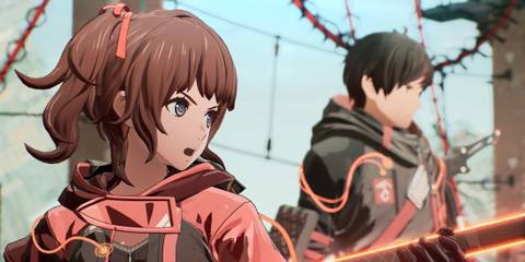 Yuito and Hanabi wielding their swords in preparation of a fight